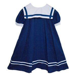 Vintage Girls Navy Square Collared Polka Dot Sailor Dress + Slip Dress 3T - 4T